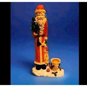 Santa Claus Candle Stick Holder Holding Christmas Tree & Bag Of Toys S. Nicholas